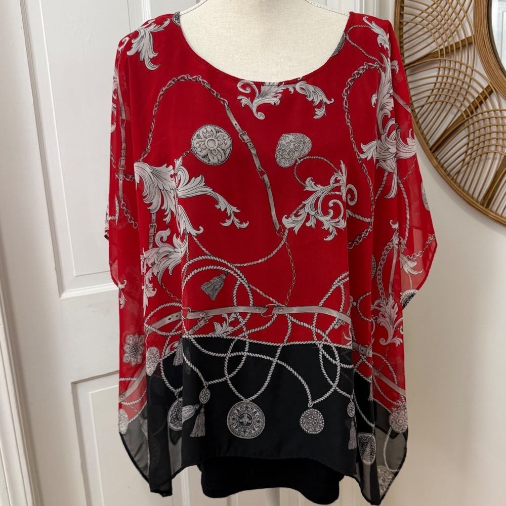 ALYX Poncho Kimono Top 2X Red Baroque Chain Flowy Layered Chiffon Scarf Print